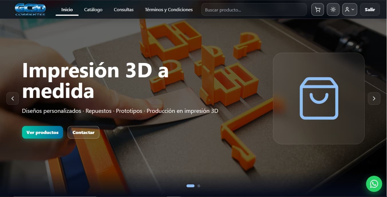 Home principal de GC3D con identidad de marca y acceso comercial.