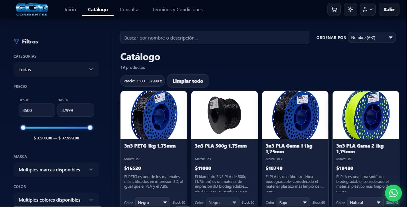 Catalogo de GC3D con filtros, busqueda y grilla de productos.