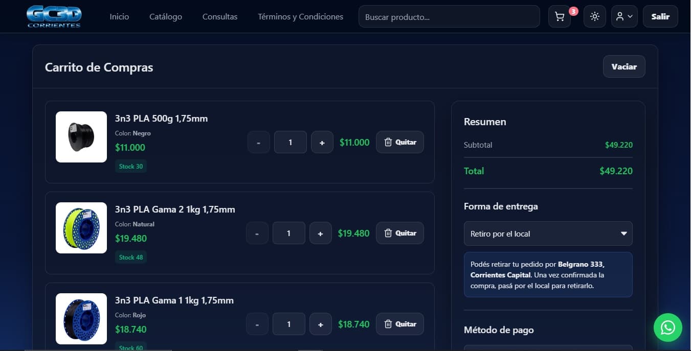 Carrito de compras de GC3D con resumen de compra y total.