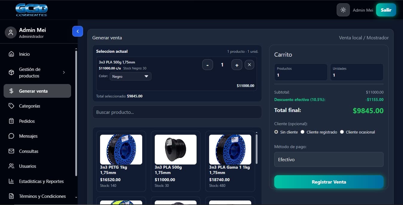 Panel de gestion de GC3D para registrar ventas y operacion interna.