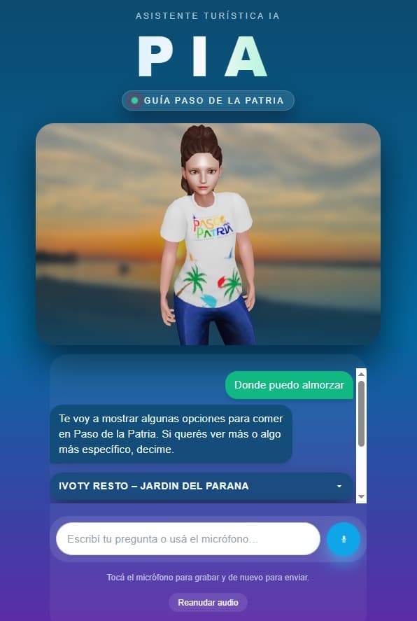 PIA mostrando conversación con recomendación guiada de restaurante.