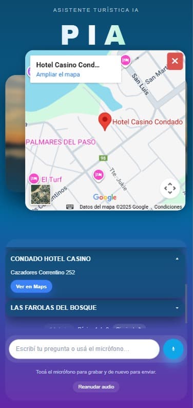 PIA mostrando mapa con hoteles y apoyo visual por ubicación.