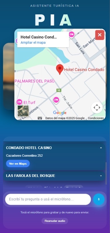 PIA mostrando mapa y opciones de lugares